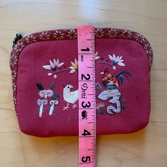 Chicken and Mushroom Bag; Red Embroidered Coin Purse with Zip; NWOT; Artisan - Picture 5 of 5